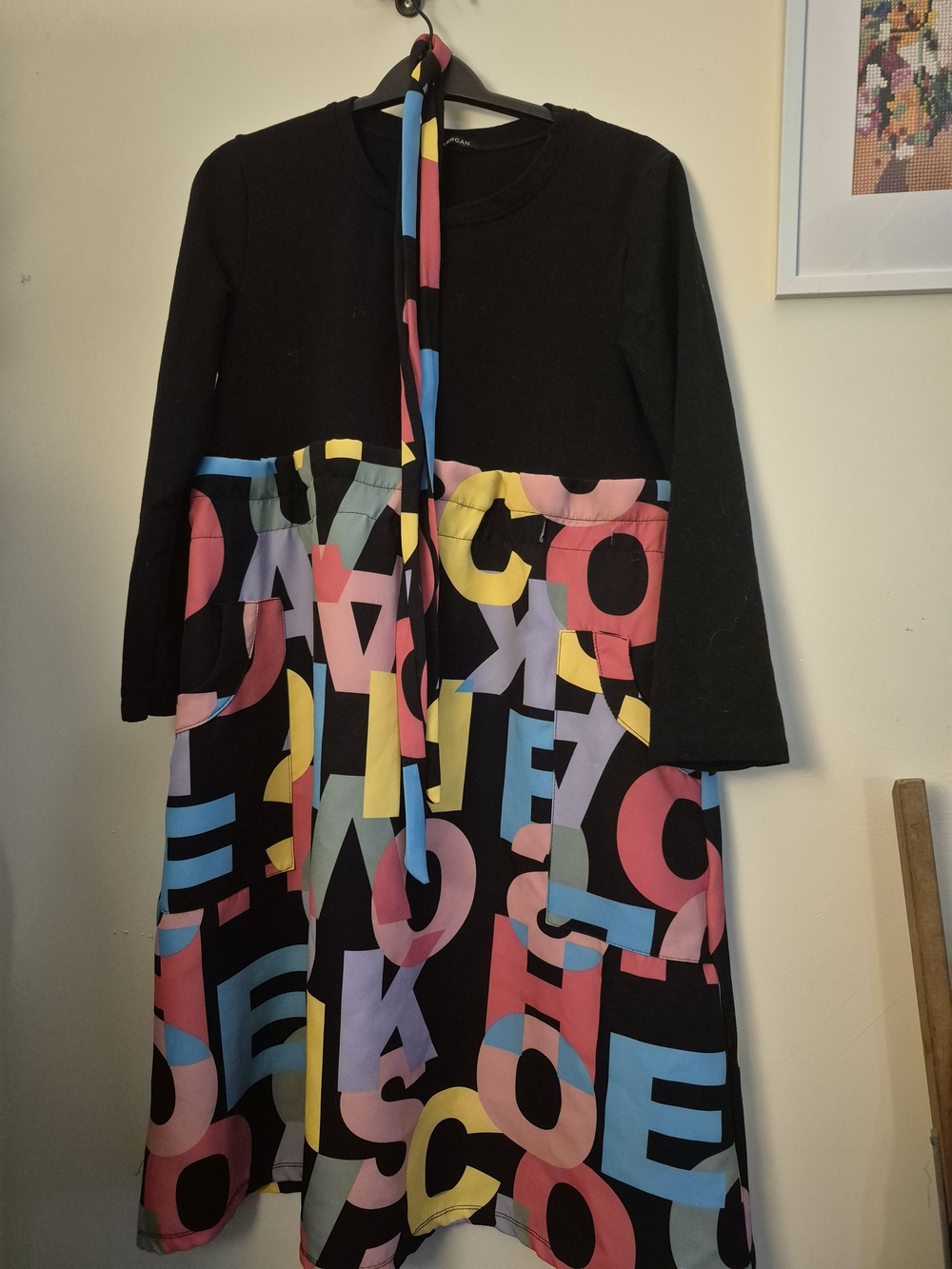 Morgan Black Dress with Multicolor Graphic Skirt